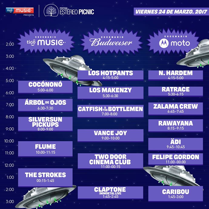 Horario Estéreo Picnic 2017, Viernes 24 de Marzo