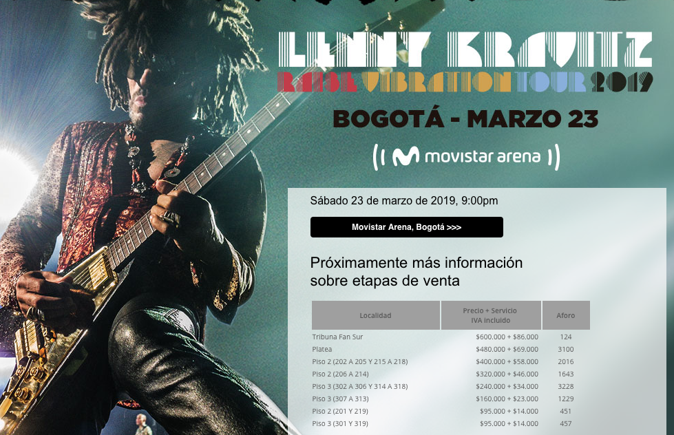 Precios de boletas en preventa concierto Lenny Kravitz en Colombia 2019